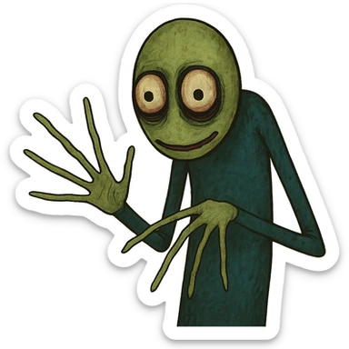 Salad Fingers character, unsettling and quirky, green skin, thin fingers, surreal style sticker