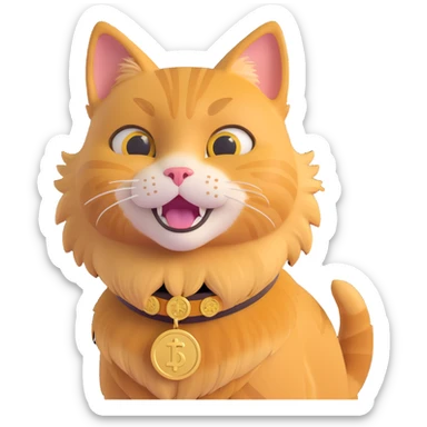 fun and meme-like cat inspired by the Dogecoin logo, golden fur, playful expression, with a coin collar sticker
