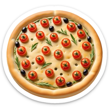 cinematic-realistic-focaccia-bread-dish-emoji,-depicted-as-a-golden,-olive-oil-brushed-flatbread-sprinkled-with-herbs-rendered-with-lifelike-texture-and-soft,-appetizing-lighting showing olives on top and the cherry tomatoes sticker