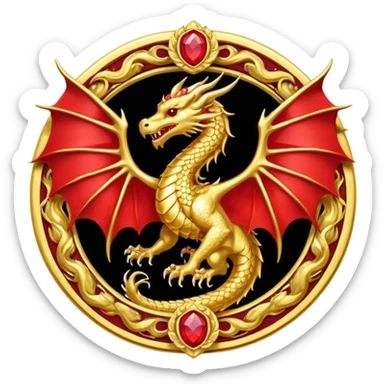 Golden Dragon with wings crest/brosch in a circle with red gems sticker