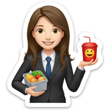 long haired woman with suit holding food container sticker
