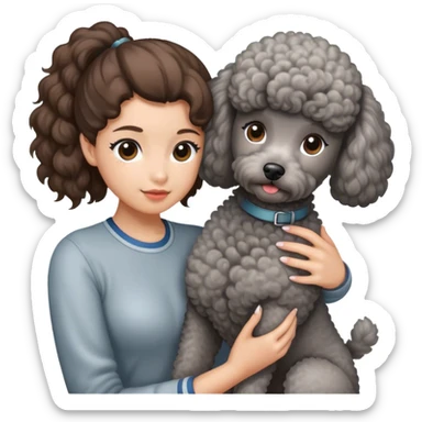 A girl with a brown ponytail holding a grey poodle sticker