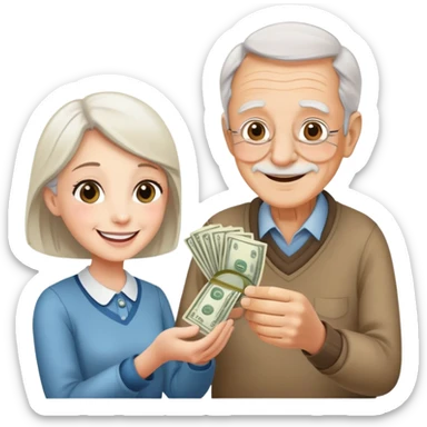 Kind elderly grandfather giving money to young adult woman who needs financial help, supportive family moment sticker