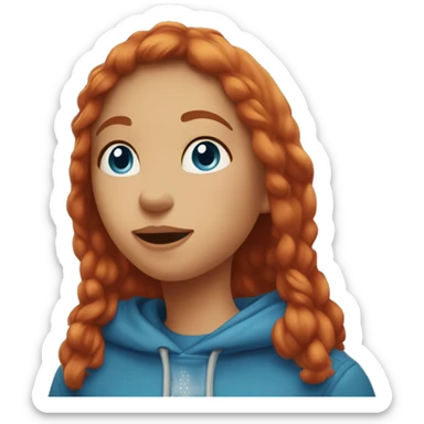A girl with short red hair wearing blue hoodie. She has blue eyes. She is smiling. She blows a kiss. sticker