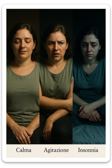 vertical realistic cinematic image in Italian showing the progression of anxiety in a woman with PCOS, from calm to agitation and insomnia, with changing expressions and posture. Dramatic clinical lighting, Italian captions, aspect ratio 2:3. sticker