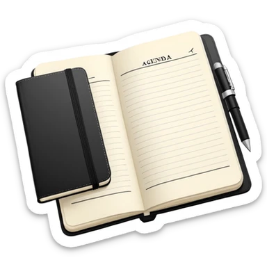 A classic black Moleskine notebook open to show an agenda page with meeting items and bullet points sticker
