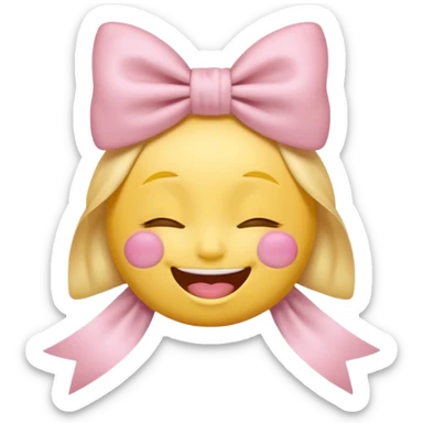 classic yellow laughing emoji with a very pretty pale pale pink bow no nose and closed eyes sticker