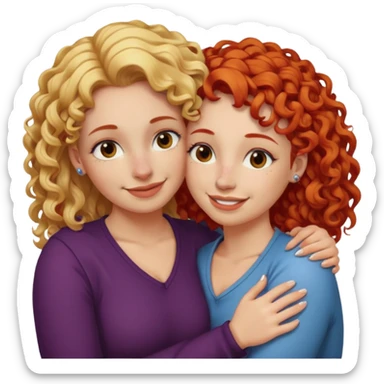 A woman with straight, blonde hair and a nose piercing and a woman with curly red hair and a nose piercing are hugging and smiling together. sticker