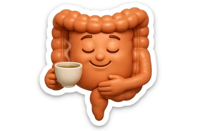 emoji stile iphone 3d di intestino umano sereno che si tocca la pancia mentre sorseggia un thè alle erbe, iperrealistico 4k sticker