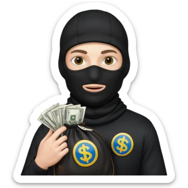 создай реалистичного белого украинца в черное одежде и черной балаклаве с большим мешком денег с  гербом страны на нем  sticker