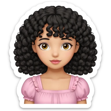 uma menina fofa de pele oliva e cabelos pretos encaracolados e com franja encaracolada e um vestido rosa pastel sticker