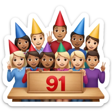 group of people behind a table, one holding a sign with the number 9 sticker