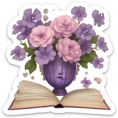 An aesthetic arrangement of a violet vintage book and pink flowers in a glass vase, surrounded by antique letters sticker