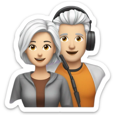 White man with dark hair and woman with short white hair, podcasting with mics and a MacBook sticker