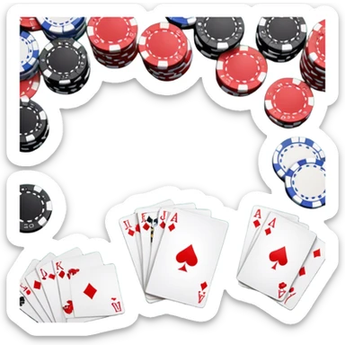 A photorealistic icon featuring playing cards, poker chips, and a deck of cards spread out on a table. Bright, detailed design with realistic textures and lighting. Transparent background, clearly symbolizing card games and strategy. sticker