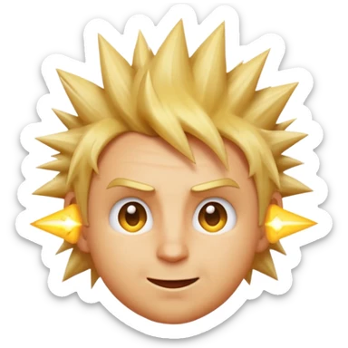 A spiky-haired golden blonde emoji adult face with a mischievous knowing grin, one raised eyebrow, and a tiny electric spark near the hair — indie game character style on a warm amber background. sticker
