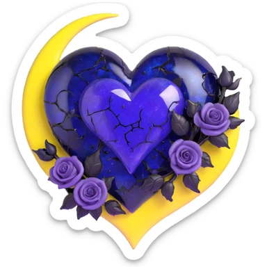 gothic heart made of midnight blue glass, silver crescent moon, black roses, holographic stardust, neon purple lightning, wet and cracked glass sticker
