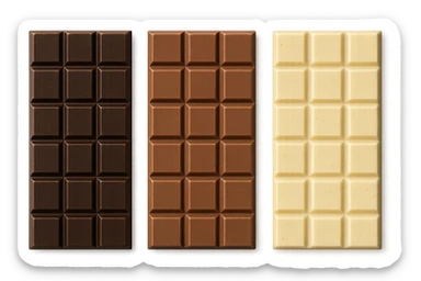 3 BARRETTE DI CIOCCOLATO, UNA FONDENTE, UNA AL LATTE E UNA BIANCA, VISTE DALL'ALTO, IPERREALISTICO 4K sticker