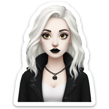 Goth girl, dressed in black, pale skin, trad goth makeup, big eyeliner, white foundation, batmests, black, thick hair sticker