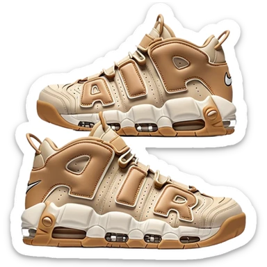 Clean iOS-style emoji of a pair of beige Nike Air More Uptempo sneakers, with left and right shoes arranged with one slightly behind the other, simple minimal design with subtle shadows sticker