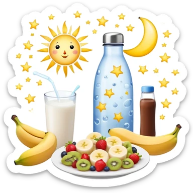 Mystical daily routine constellation: water bottle, sun, chicken plate, banana, gym weight, yogurt, fruits and chocolate, and moon symbols arranged like stars in a constellation pattern with glowing lines connecting them in sequence sticker