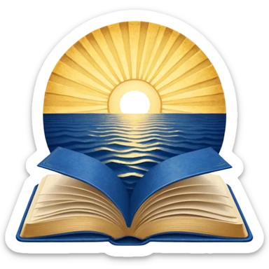 deep blue-to-golden sunrise book with textured aged cover, radiating hope, purpose, power of finding meaning in adversity sticker