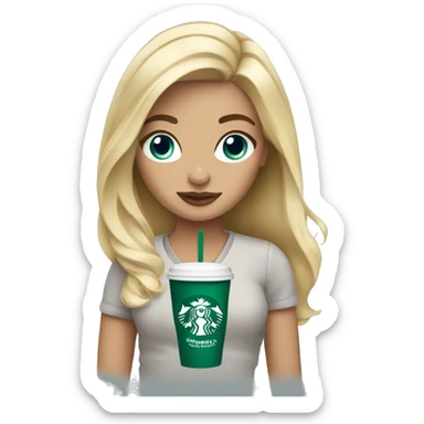 blonde girl blue eyes with Starbucks cup drink sticker