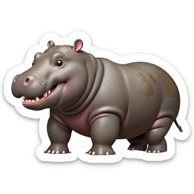 cinematic-hippo-realistic-full-body side view-standing on all fours-emoji,-massive-round-frame-partially-submerged-in-muddy-water,-wide-mouthed-grin-exposing-huge-teeth,-head-tilted-dramatically,-thick-greyish-brown-hide-glossy-from-water,-simplified-yet-realistic-focused-features,-highly-detailed,-glowing-with-an-almost-sarcastic-glow sticker