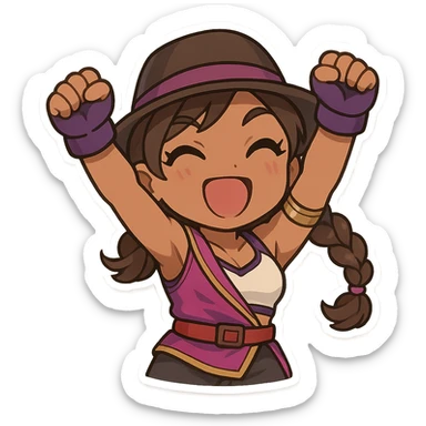 Azucena from Tekken 8, excited pose with both hands raised, energetic emote style sticker