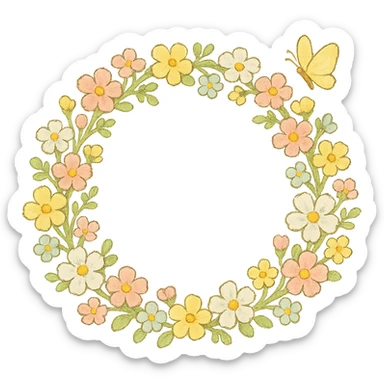 a floral wreath made of small pastel flowers with a tiny butterfly, Japanese hand-drawn, full object, transparent background sticker