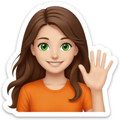 smiling girl with long brown hair, middle hair split, waving, green eyes, orange shirt sticker