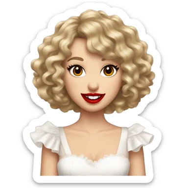 Simple Taylor Swift curly hair, number 13 on the back of her hand, wearing a frilly white dress, red lipstick, smiling, simple  sticker