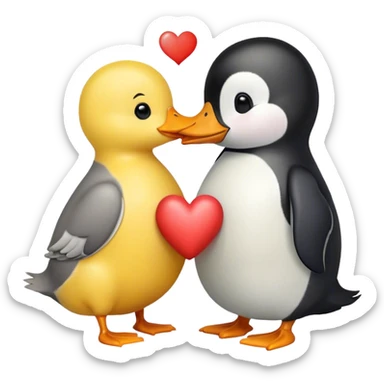Yellow duck holding a heart and kissing a penguin sticker
