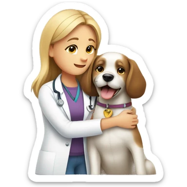 Dog cuddles veterinarian girl sticker