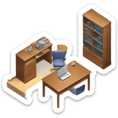 isometric square transparent solid outline border containing an office desk where a laptop and a set of books are arranged sticker