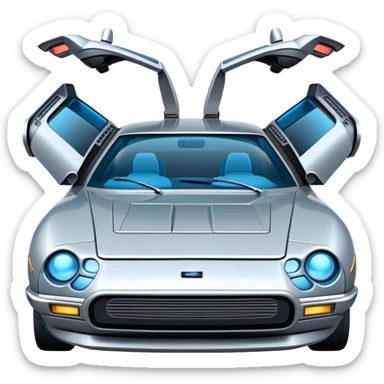 Retro-futuristic hover car inspired by the DeLorean, gullwing doors, silver metallic body with blue-tinted windows, stylized jet boosters in the back, flat vector style, outlined shapes, minimal design sticker