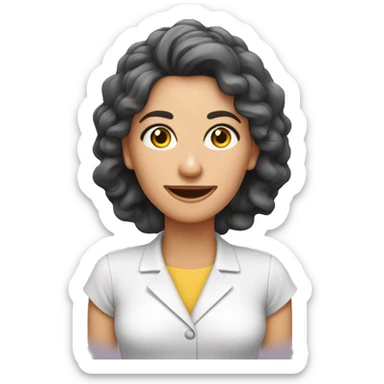 Mulher branca, Nutricionista com jaleco cor de rosa, cabelos longos e ondulados, boca pequena, olhos e cabelos castanhos.  sticker