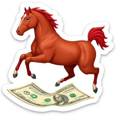 red horse agressive jumping across money bill sticker