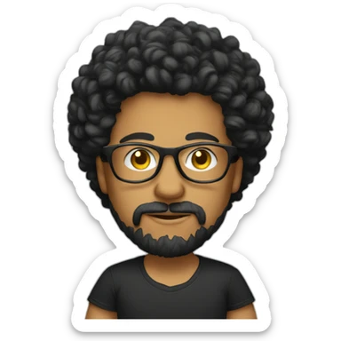 men with black curly hair and beard and golden glasses in black t-shirt work on computer sticker