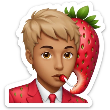 Mn wearing strawberry suit with a sultry look and lip bite sticker