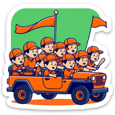 12 little league baseball players with orange hats riding on a red jeep in a parade sticker