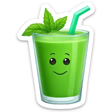 Generate a bright green smoothie emoji in a glass cup with a straw, decorated with a mint leaf and a smile. sticker