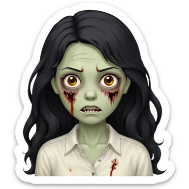 garota zumbi com cabelo preto ondulado longo blusa branca sem botões, lisa a blusa sticker