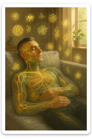 Uomo sdraiato su un divano nel primo pomeriggio, mentre fa un breve riposino. Il suo corpo appare parzialmente trasparente o stilizzato, con luce calda e flussi energetici dorati e verdi che scorrono attraverso muscoli, cervello, e organi. Intorno a lui si vedono piccoli simboli di rigenerazione: cellule che si rinnovano, tessuti che si illuminano, aura rilassata. L'ambiente è calmo e ordinato, luce naturale che entra da una finestra, atmosfera rigenerante, stile iperrealistico con accenti metaforici. sticker