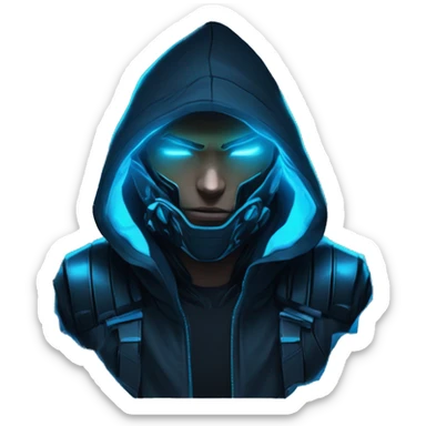 Hacker behind his laptop with this style : crysis Cyberpunk Valorant neon glowing bright blue character blue black hooded assassin themed character sticker