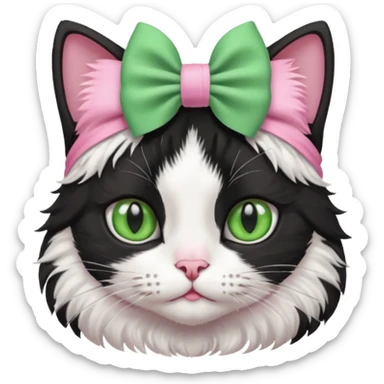 A black and white cat with green eyes she has a bow on her head she’s kinda fluffy  sticker