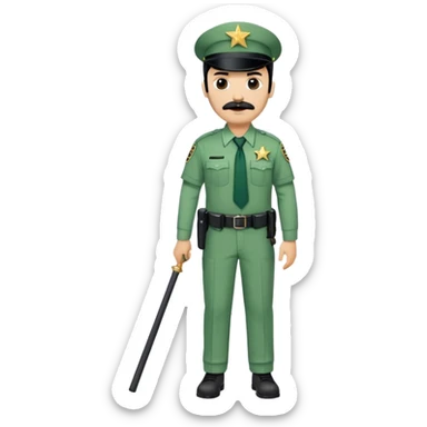 Chill guy in correctional officer green uniform. Full body. Black hair black mustache.  Light brown skin tone. Star badge. With duty belt and baton. Tan shirt with tie sticker