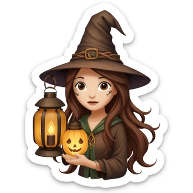 cute forest witch woman long wavy brown hair tattoos hiding inside lantern sticker
