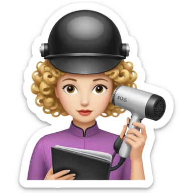 Emoji de mujer con casco secador, pelo recogido, rulos y leyendo revista, estilo vintage chic sticker