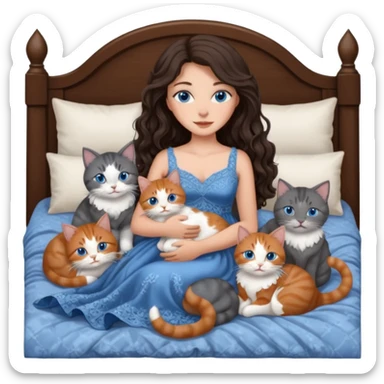 detailed realistic looking a dark grey and white cat regally laying with six other cats, cuddling with their owner in bed who is a pretty bratz lightly tanned white girl with long dark brown hair, blue eyes and gorgeous long wavy hair wearing a pretty detailed dress sticker